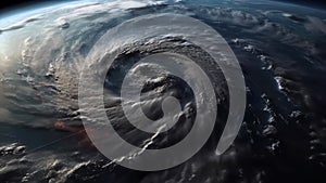 View from space from above on a hurricane tornado swirl of clouds and wind