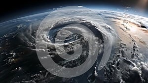 View from space from above on a hurricane tornado swirl of clouds and wind