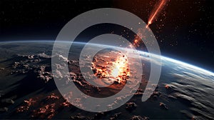 view from space meteoritrs with firetrail approaching Earth