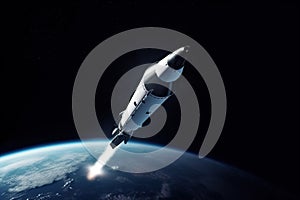 View of a Space Shuttle orbiting the planet Earth, Generative AI