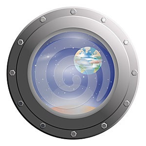 View space stars and planets through Porthole glass window from spaceship