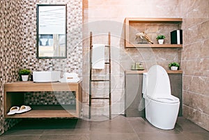 View of a spacious and elegant bathroom.