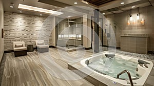 A view of the spacious shower area and whirlpool tub where players relax and recover after intense games