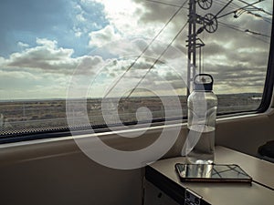 View from a Spanish Renfe train traveling at high speed in Andalusia photo