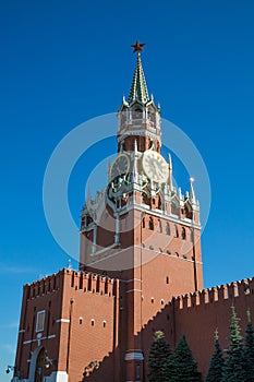 View of the Spasskaya tower of the Moscow Kremlin on a clear Sunny day. Red square.