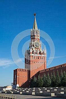 View of the Spasskaya tower of the Moscow Kremlin on a clear Sunny day. Red square