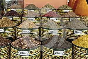 View of spices barrels in a shop in Marrakech