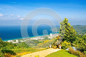 View on the spirit house and Karon beach. Phuket, Thailand. Beautiful view point.