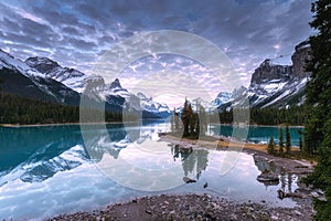 View of Spirit Island with Canadian Rockies in Maligne Lake at Jasper national park, Canada