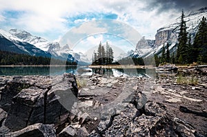 View of Spirit Island with Canadian Rockies in Maligne Lake at Jasper national park, Canada