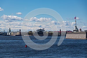 View  spit of Vasilievsky Island with Rostral Columns and Naryshkin bastion of the Peter and Paul Fortress,  St. Petersburg,