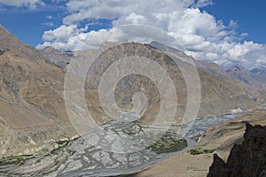 View of Spiti River and valley around from Dhankar,Spiti Valley,Himachal Pradesh,India