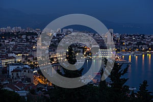 View of Split's Old Town and beyond during blue hour