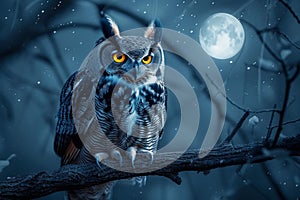 view Spooky night scene Owl perched on a haunting tree branch