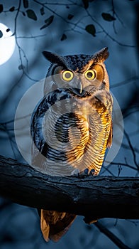view Spooky night scene Owl perched on a haunting tree branch