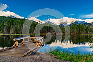 View of Sprague Lake in Rocky Mountains, surrounded by green trees and mountains reflecting in water