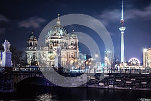 View of Spree river, TV tower and Berlin Cathedral in Berlin, Germany