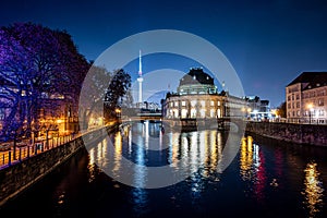 View of Spree river, TV tower and museum island in Berlin, Germany