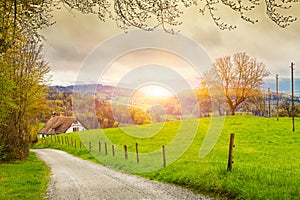 View of a spring day in the Switzerland, rural landscape at sunris