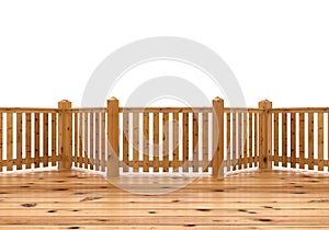 View from spruce wood terrace, porch or balcony. Isolated on white background