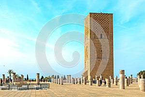 View of the square with ruins and the Hassan tower against the blue sky. Rabat, Morocco