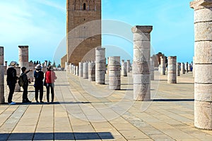 View of the square with ruins and the Hassan tower against the blue sky. Rabat, Morocco