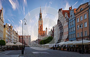View of square and street named Long Lane with historic Gdansk Main Town Hall