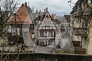 View of square Tiergaertnertorplatz with Pilatushaus building and restaurant Albrecht Duerer Haus, Nuremberg, Germany