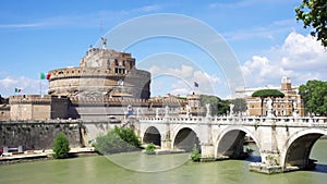 View of St. Angelo castle from the other side of Tiber river. Castello Sant`Angelo fortress in Rome