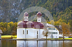 View of St. Bartholoma church in Konigsee National Park in autumn, Germany