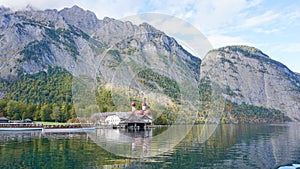 View of St. Bartholoma church in Konigsee National Park in autumn, Germany