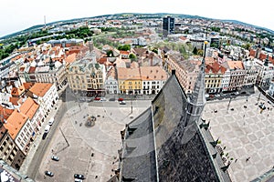 View from St Bartholomew cathedral over Republic Square. Pilsen Plzen, Czech Republic