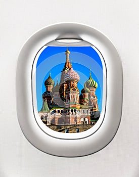 View of St. Basil`s cathedral in Moscow from airplane window