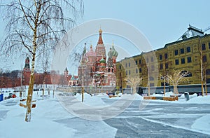 View of St. Basil`s Cathedral on Red Square in Moscow, in Russia