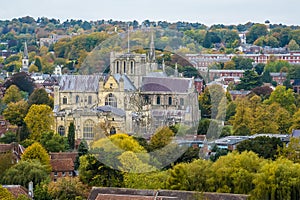 A view from St Giles Hill towards the cathedral in the city of Winchester, UK