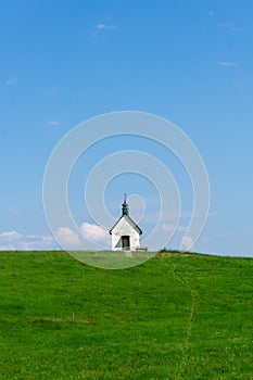 View of the St. Hubertus ecumenical chapel near Scheidegg in the Allgaeu in Bavaria