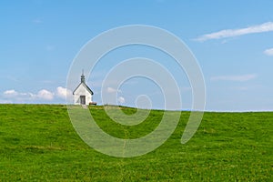 View of the St. Hubertus ecumenical chapel near Scheidegg in the Allgaeu in Bavaria