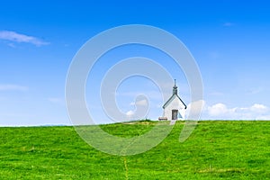 View of the St. Hubertus ecumenical chapel near Scheidegg in the Allgaeu in Bavaria