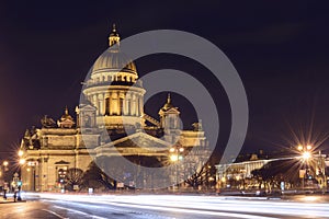 View of St. Isaac's Cathedral at night, Saint-Petersburg