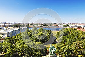 View from St. Isaac`s Cathedral to St. Petersburg, Senate square, the Neva river and Vasilievsky island. Saint Petersburg