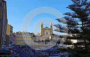 View of St Jean Baptiste cathedral in old port of Bastia ,second largest corsican city and main entry point to the