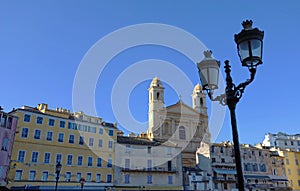 View of St Jean Baptiste cathedral in old port of Bastia ,second largest corsican city and main entry point to the