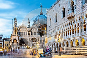 View from St. Mark\'s Square with Saint Marks Basilica, the main tourist attraction in Venice