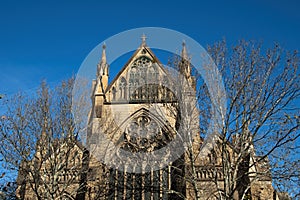 View of St Mary`s cathedral facade with stain glass window