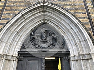 View of St. Mary`s Church entrance arch, German Marienkirche, Rostock