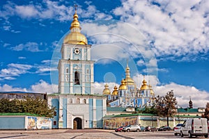 View of the St. Michaels Golden-Domed Monastery with cathedral and bell tower seen in Kiev