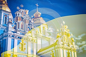 View of the St. Michaels Golden-Domed Monastery in Kiev, the Ukrainian Orthodox Church - Kiev Patriarchate, in the background flag