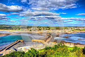 View from St Michaels Mount of Cornwall coast England UK in colourful hdr with cloudscape