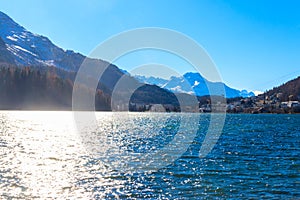 View of St. Moritz lake in Graubunden canton, Switzerland