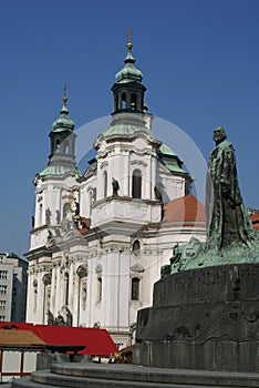 View of St. Nicholas Church in Old Town Square in Prague, Czech Republic